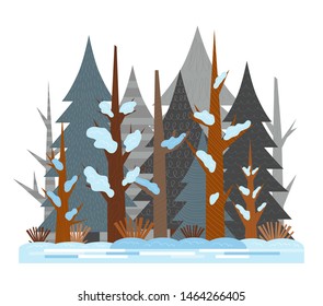 Cartoon illustration for children. Colorful poster about nature. Flat winter mixed coniferous forest, early spring sunny day