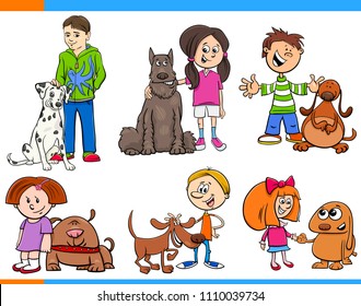 Cartoon Illustration of Children with Dog Animals Characters Set