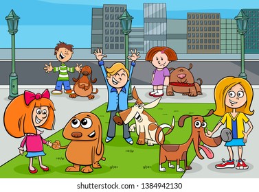 Cartoon Illustration of Children with Dogs Characters Group in the City Park