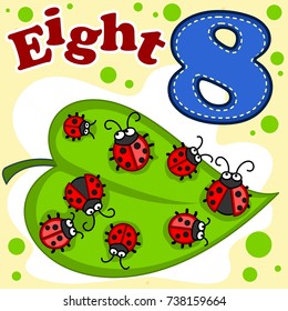 A cartoon illustration  for children with figures of eight and eight ladybirds on a green leaf.