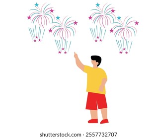 Cartoon illustration of children with fireworks in the background.