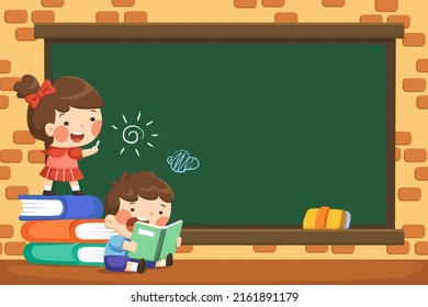 Cartoon illustration of children having fun in the classroom. A schoolboy reading books and a schoolgirl drawing on the blackboard on brick wall background