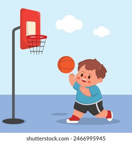 cartoon illustration of children playing basketball. characters doing sports with a simple happy concept