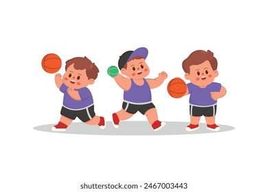 cartoon illustration of children playing basketball and tenis.characters doing sports with a simple happy concept