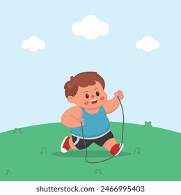 cartoon illustration of children playing jump rope. characters doing sports with a simple happy concept