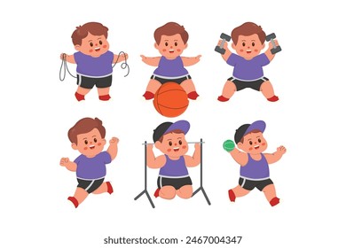 cartoon illustration of children playing jump rope,baskteball,fitnes,run,pull up,tenis. characters doing sports with a simple happy concept