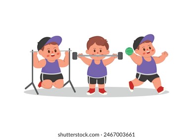 cartoon illustration of children playing pull up,fitnes,tenis.characters doing sports with a simple happy concept