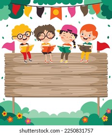 Cartoon Illustration Of Children Reading BooK