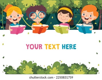 Cartoon Illustration Of Children Reading BooK