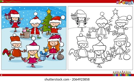 Cartoon illustration of children in Santa Claus costumes on Christmas time coloring book page