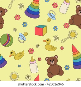 Cartoon illustration children seamless pattern on a yellow background. Baby vector.