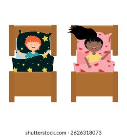 Cartoon illustration of children sleeping in bed. Healthy sleep. On a white background.