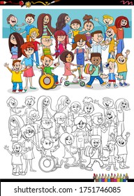 Cartoon Illustration of Children and Teenagers Characters Group Coloring Book Page