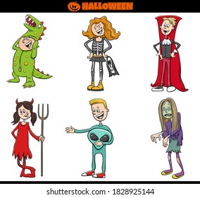 Cartoon Illustration of Children and Teens in Costumes at Halloween Party or Masked Ball Set