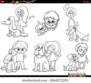 cartoon illustration of children and teens with their dogs pet characters set coloring page