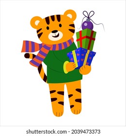 cartoon illustration for children. the tiger carries boxes with gifts. vector isolated on a white background.