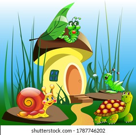 Cartoon illustration of a children's mushroom house in the grass with a turtle, a grasshopper caterpillar and a snail