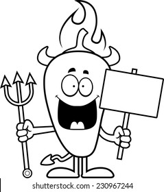 A cartoon illustration of a chili pepper devil holding a sign.