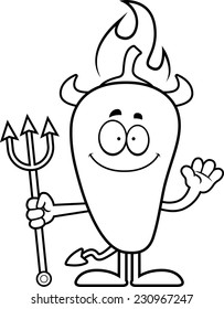 A cartoon illustration of a chili pepper devil waving.