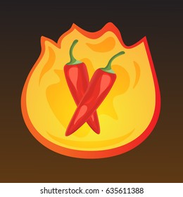 Cartoon illustration of a chili pepper in a fire on a dark background