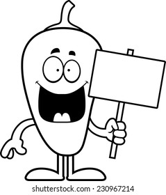 A cartoon illustration of a chili pepper holding a sign.