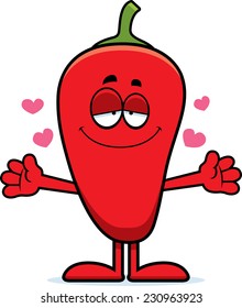 A cartoon illustration of a chili pepper ready to give a hug.