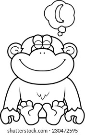 A cartoon illustration of a chimpanzee dreaming of a banana.