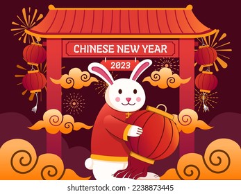 Cartoon Illustration Chinese New Year 2023 with cute rabbit with a cute bunny holding a lantern.
2023 Chinese New Year, Year of Rabbit.
Suitable for greeting card, postcard, social media, etc