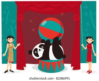 Cartoon illustration of a Chinese Panda acrobatic show