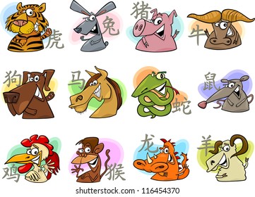 Cartoon Illustration of Chinese Zodiac Horoscope Animal Signs Complete Set