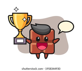 Cartoon illustration of chocolate bar is happy holding up the golden trophy, cute style design for t shirt, sticker, logo element