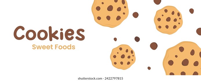 cartoon illustration of chocolate chip butter cookies with copy space for text in the form of a banner or background