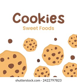 cartoon illustration of chocolate chip butter cookies with copy space for text in the form of a banner or background