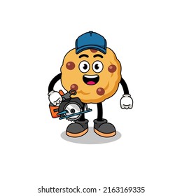 Cartoon Illustration of chocolate chip cookie as a woodworker , character design