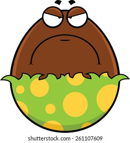 Cartoon illustration of a chocolate Easter egg with a grumpy expression. 