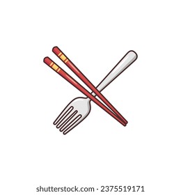 Cartoon Illustration of Chopsticks and Fork Vector. For Restaurant Logos.