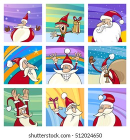 Cartoon Illustration of Christmas Cards with Santa Claus Characters Set