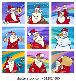 Cartoon Illustration of Christmas Cards with Santa Claus Characters Collection