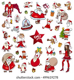 Cartoon Illustration of Christmas Characters and Design Elements Clip Arts Set