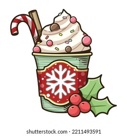 Cartoon illustration of Christmas coffee cup and whip cream, You can use these clipart for any project such as custom, stickers planner, scrapbooking, card or used for as part of your design.