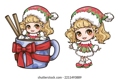 Cartoon illustration of Christmas coffee cup with cute girl, You can use these clipart for any project such as custom, stickers planner, scrapbooking, card or used for as part of your design.