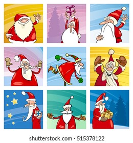 Cartoon Illustration of Christmas Design Elements or Cards with Santa Claus Characters Set