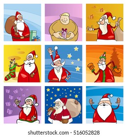 Cartoon Illustration of Christmas Design Elements or Greeting Cards with Santa Claus Characters Set