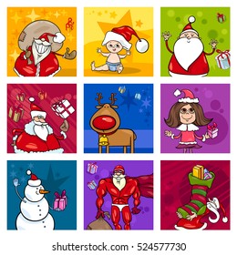 Cartoon Illustration of Christmas Design Elements or Greeting Cards with Santa Claus Characters Collection