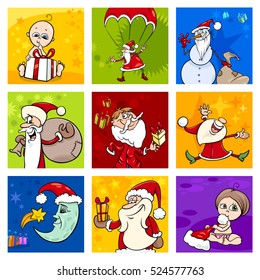 Cartoon Illustration of Christmas Design Elements or Greeting Cards with Santa Claus Characters Set