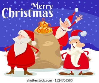 Cartoon Illustration of Christmas Design or Greeting Card with Funny Santa Claus Characters