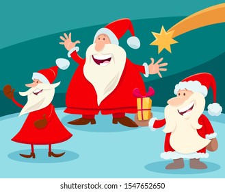 Cartoon Illustration of Christmas Design or Greeting Card with Santa Claus Characters and Star