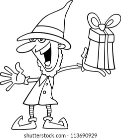 Cartoon Illustration of Christmas Elf with Gift for Coloring Book or Page