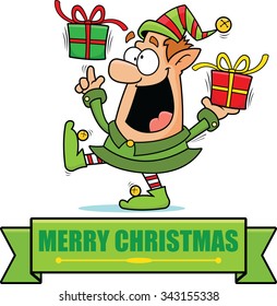 Cartoon illustration of a Christmas elf with a holiday banner. 