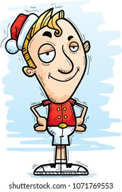 A cartoon illustration of a Christmas elf looking confident.